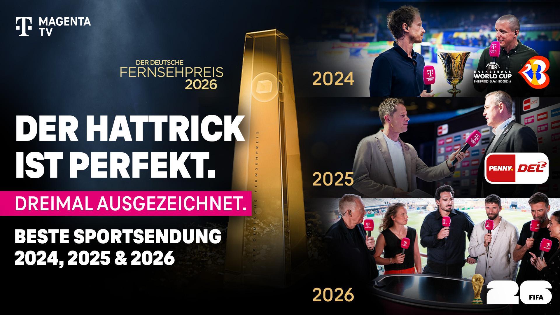Werbegrafik zum Gewinn des deutschen Fernsehpreises 2024, 2025 und 2026 für die beste Sportsendung.
