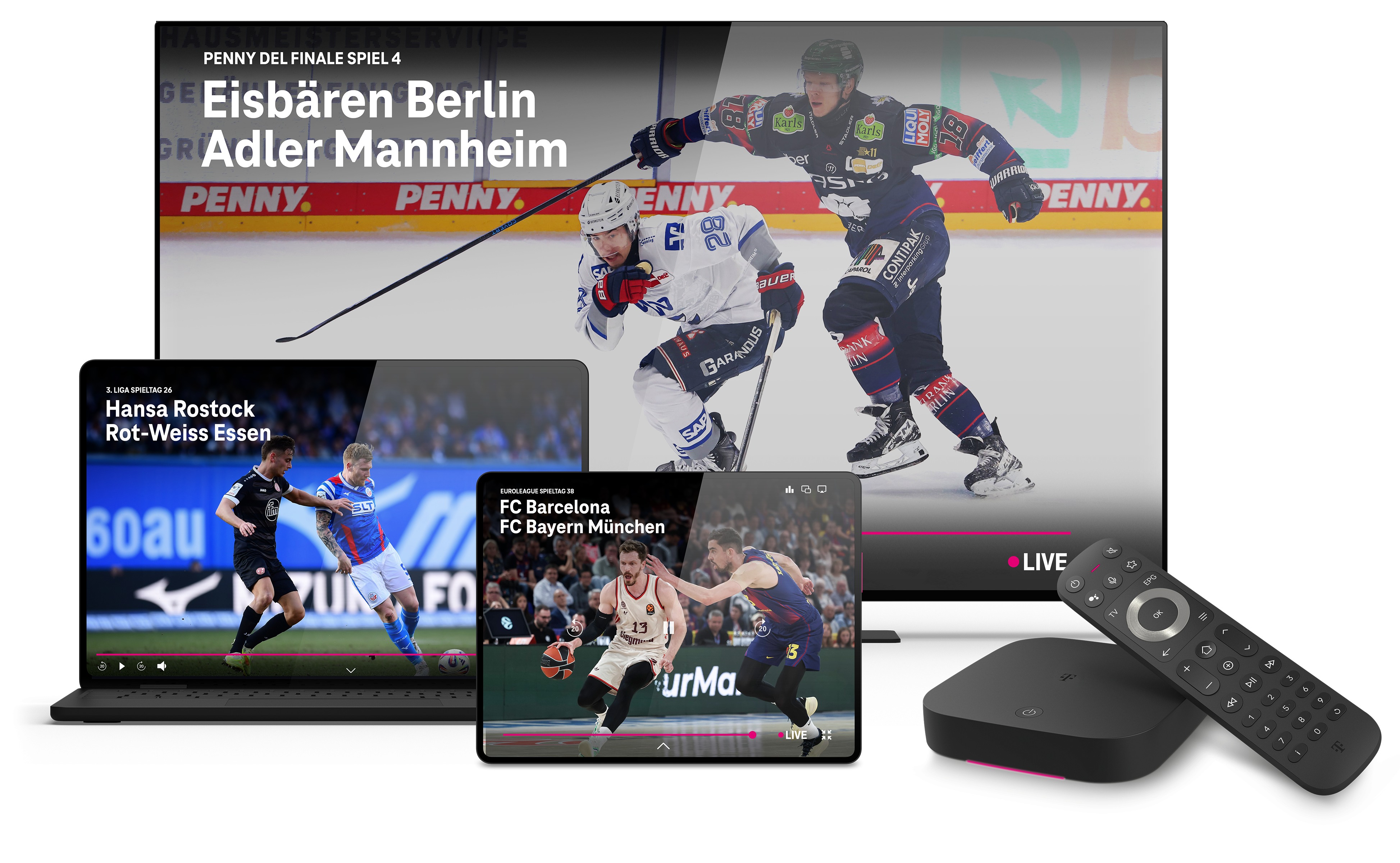 Auf einem Fernseher, Laptop und Tablet läuft eine Übertragung von MagentaSport.