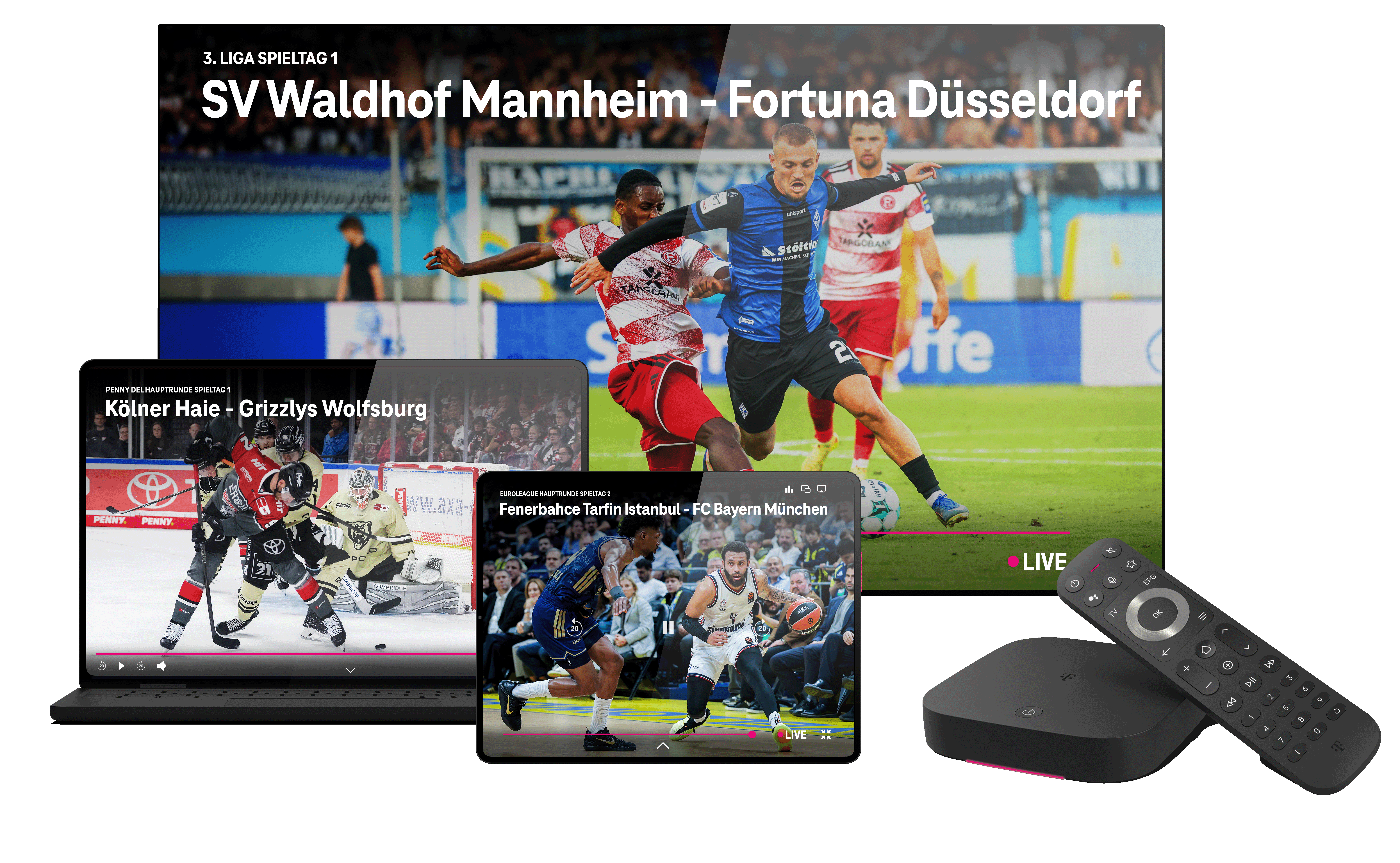 Auf einem Fernseher, Laptop und Tablet läuft eine Übertragung von MagentaSport.