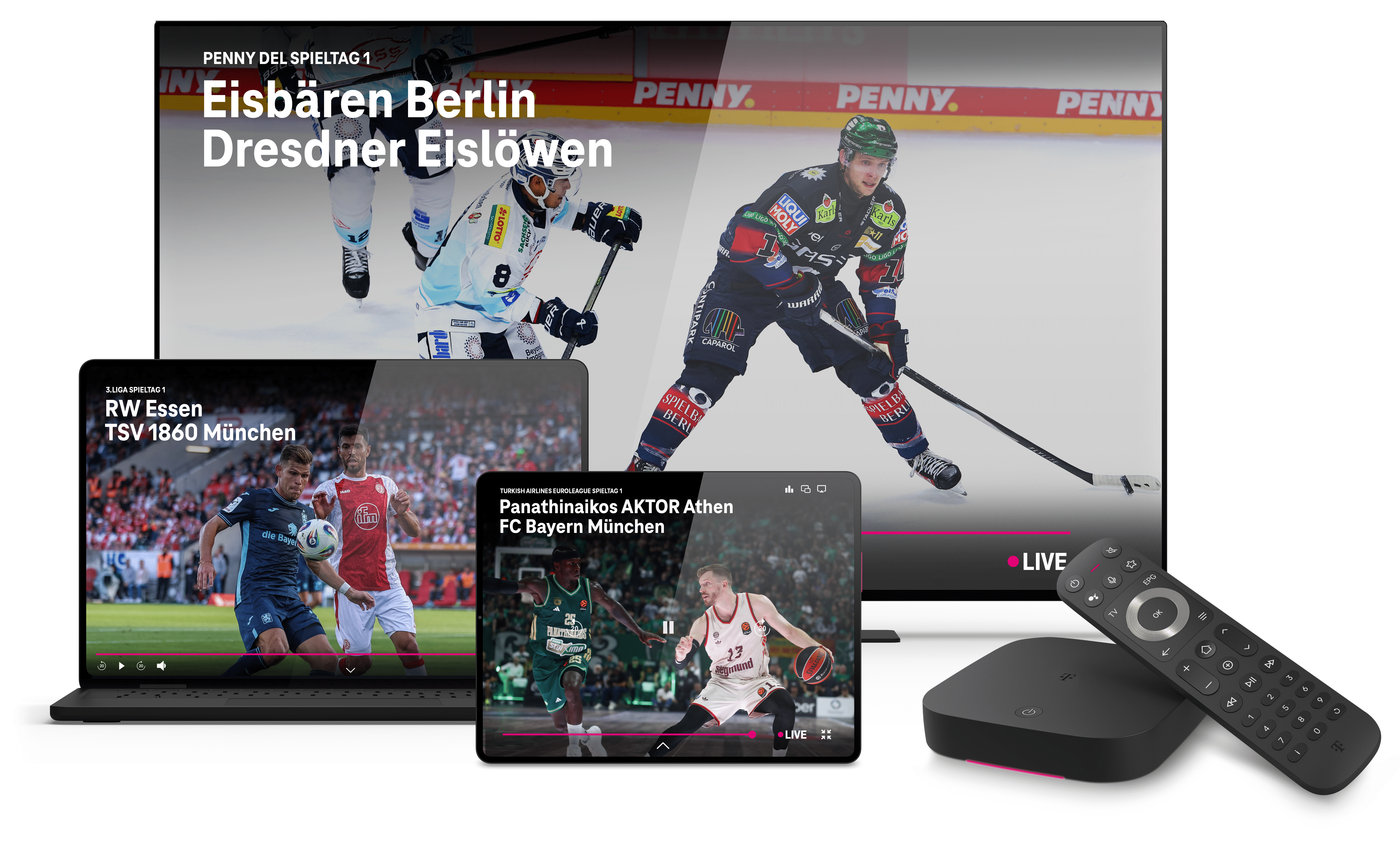 Auf einem Fernseher, Laptop und Tablet läuft eine Übertragung von MagentaSport.